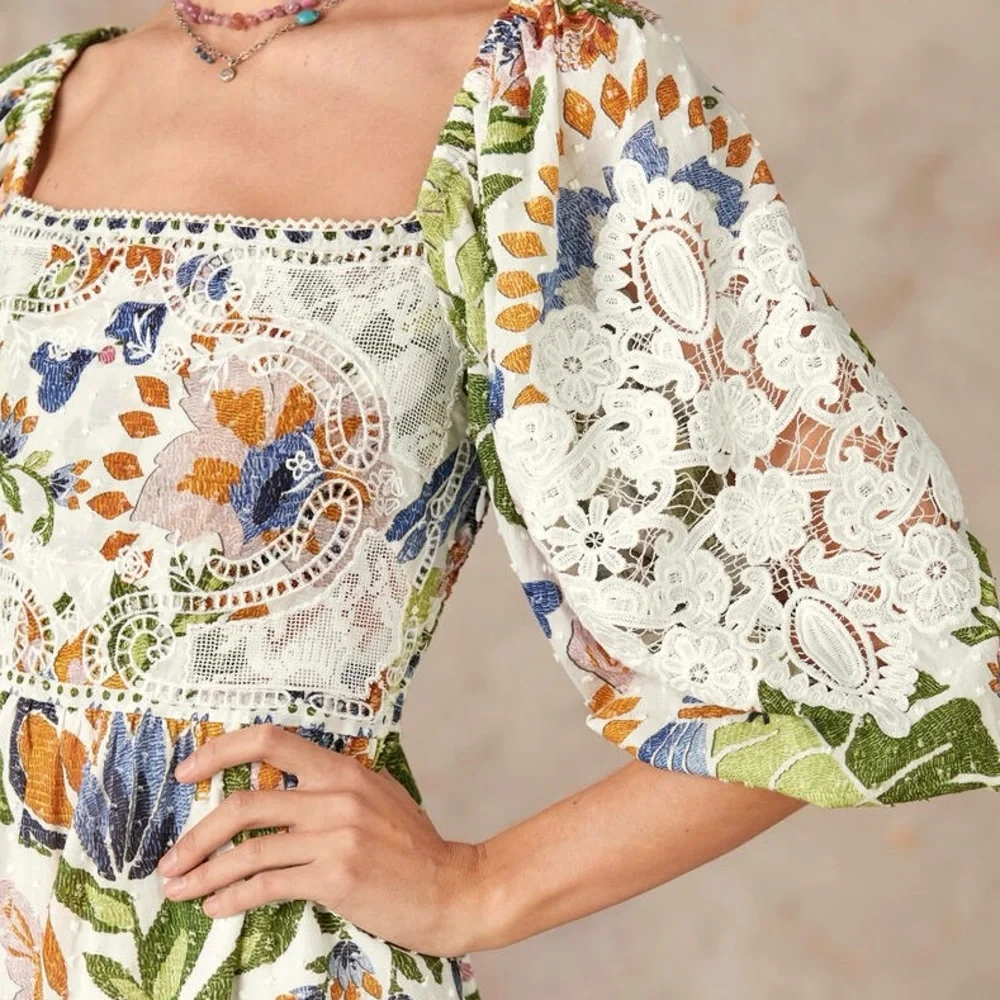 🌺🎉HP🎉🌺 NWOT Farm Rio Summer Garden Lace Midi Dress - Picture 7 of 16